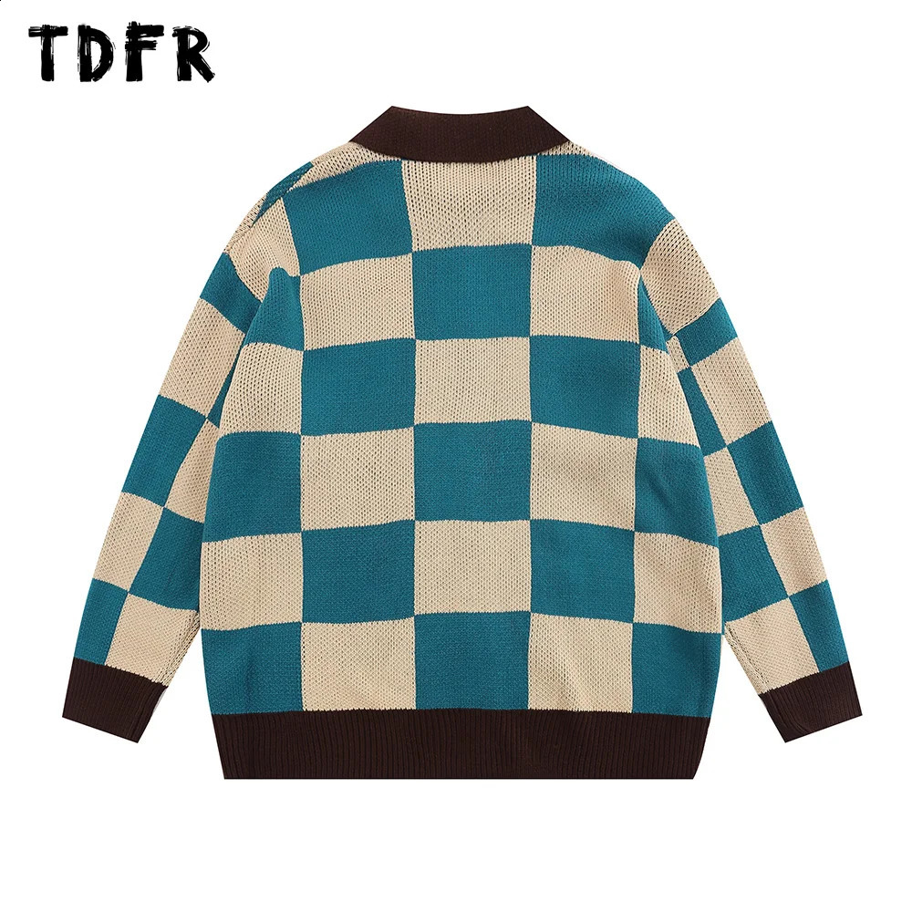 Checkered Knitted Sweater Mens Letter Embroidery Autumn Casual Street Dress Collar Long Sleeve Zipper Style 240819