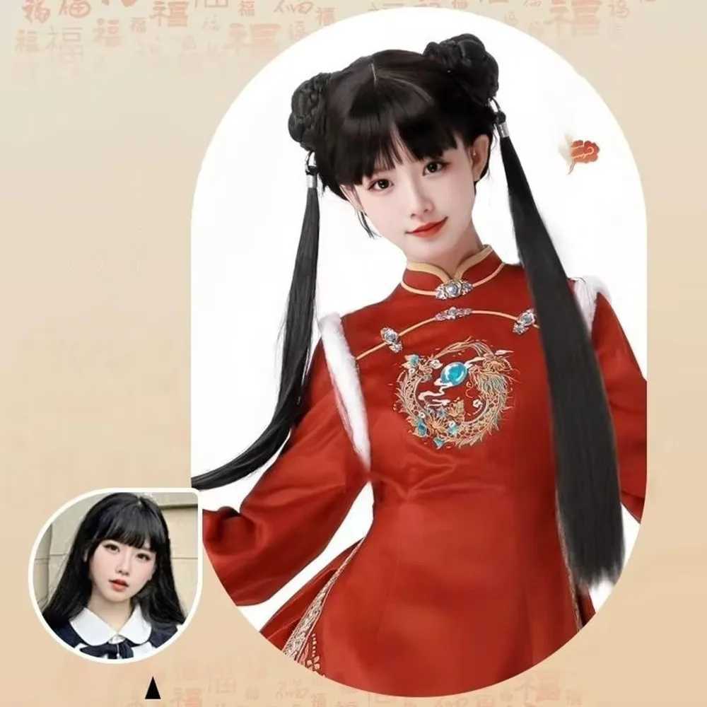 1 new wig ponytail womens new Chinese style hair clip extended ponytail long filament straight hair double braid W240817