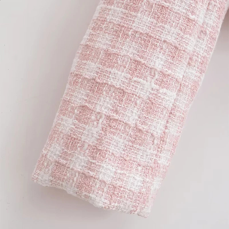 Womens Jacket Autumn Vintage Tweed Blazers Coats Fashion Single-breast Pink Plaid Suit Female in Outerwears Clothing Top 240819