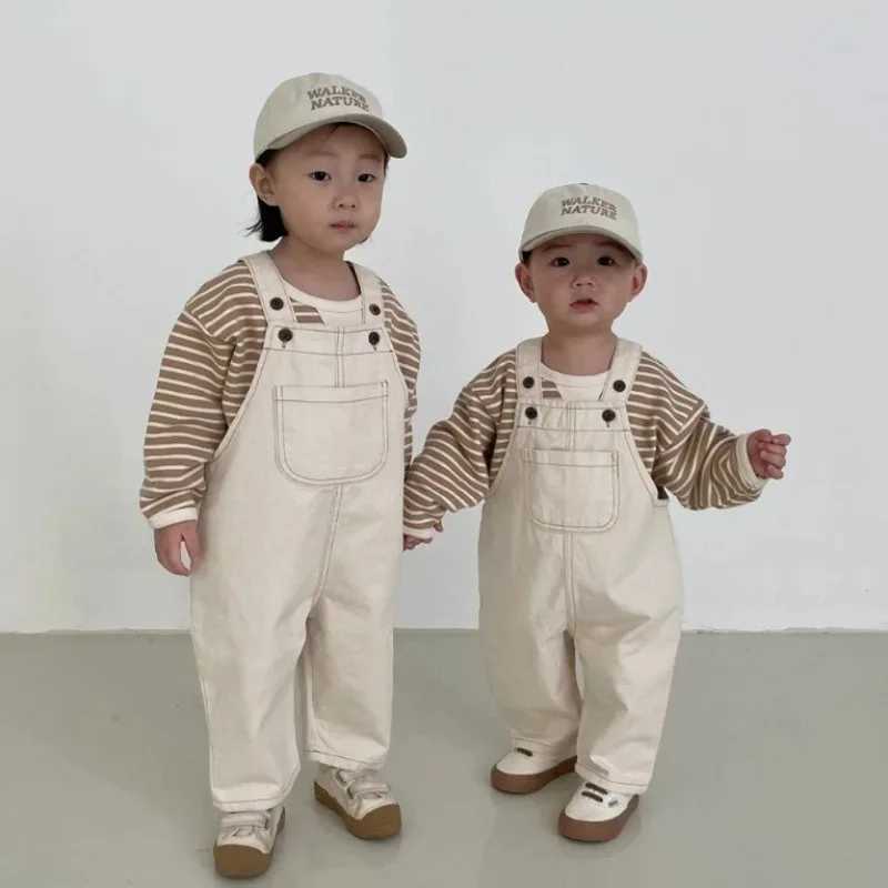 2024 Childrens Spring Jeans Suspension Childrens Casual Pants Boys Fashion Jeans Outerwear Baby Autumn Pocket jumpsuit W240806