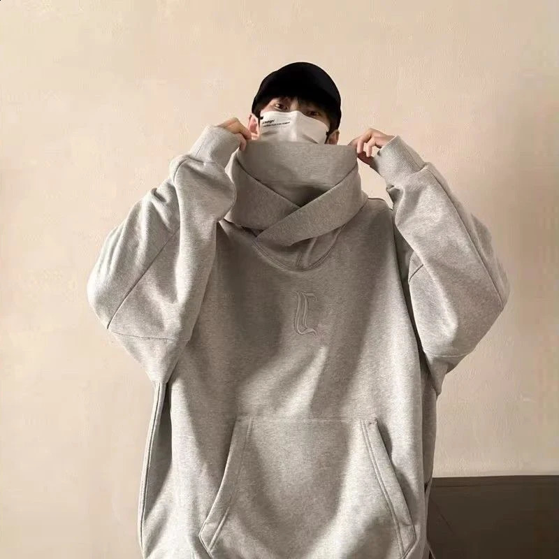 Autumn High Collar Hoodie Pullover Loose Men Coat Tops Harajuku Hip Hop Gothic Outwear Streetwear Y2k Fleece Hooded Sweatshirt 240819