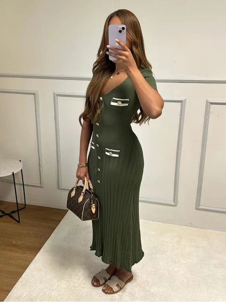 Office ladies elegant knitted long skirt summer short sleeved Vneck single chest tight dress womens party fashion vest 241007