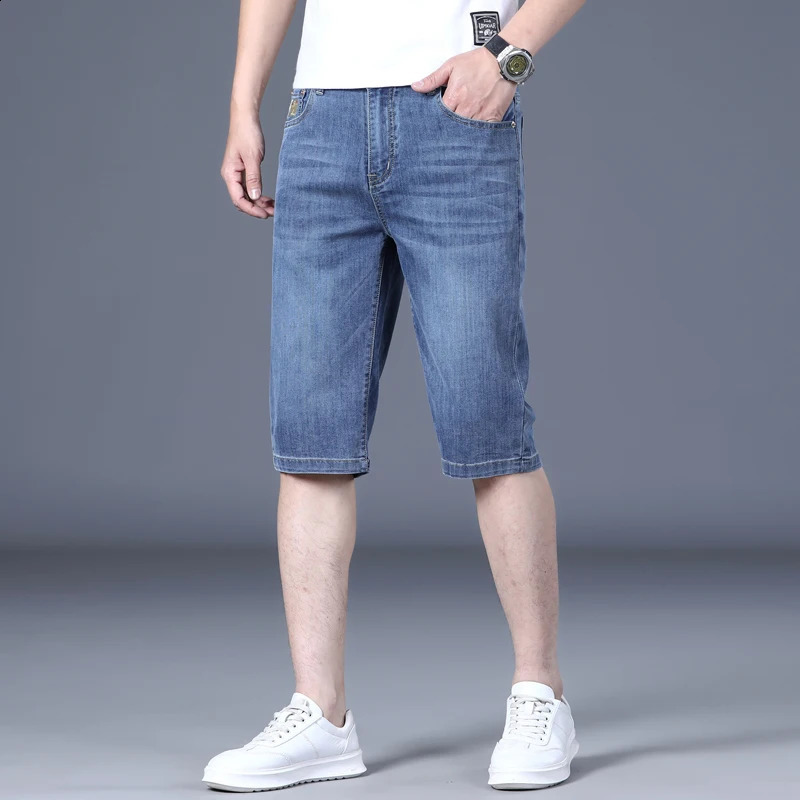 Summer thin stretch fabric denim mens straight leg loose blue embroidered knee jeans 240819