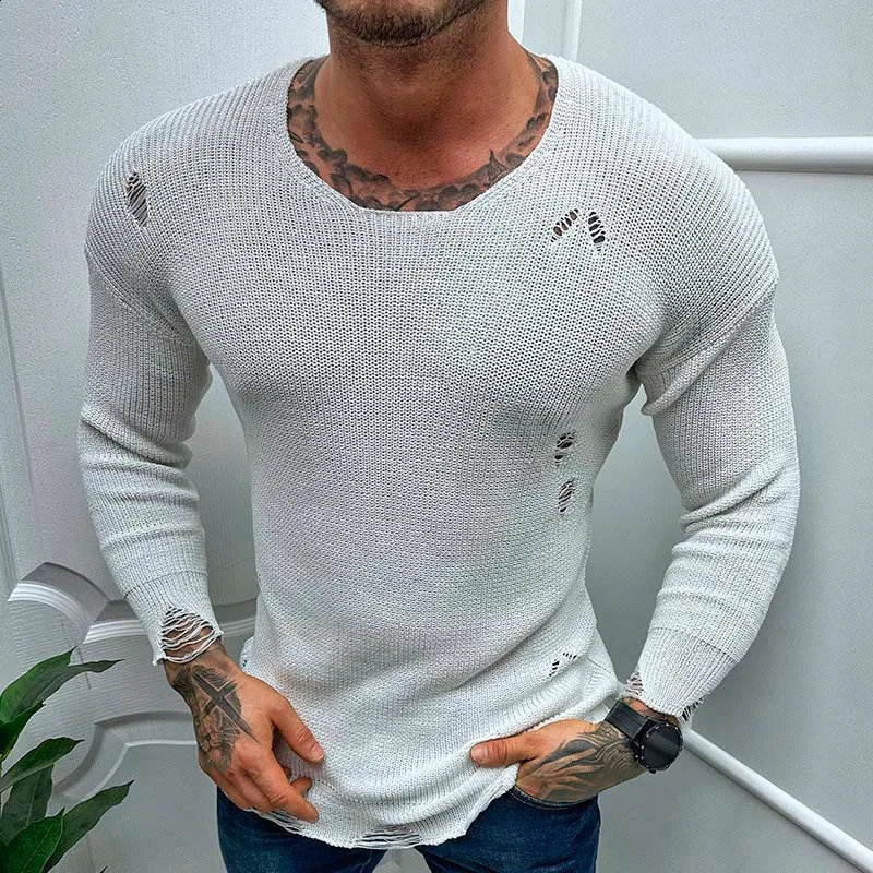 Mens casual top for spring and summer fashion solid knit long sleeved torn sweater mens Tshirt holiday streetwear chic shirt 240819