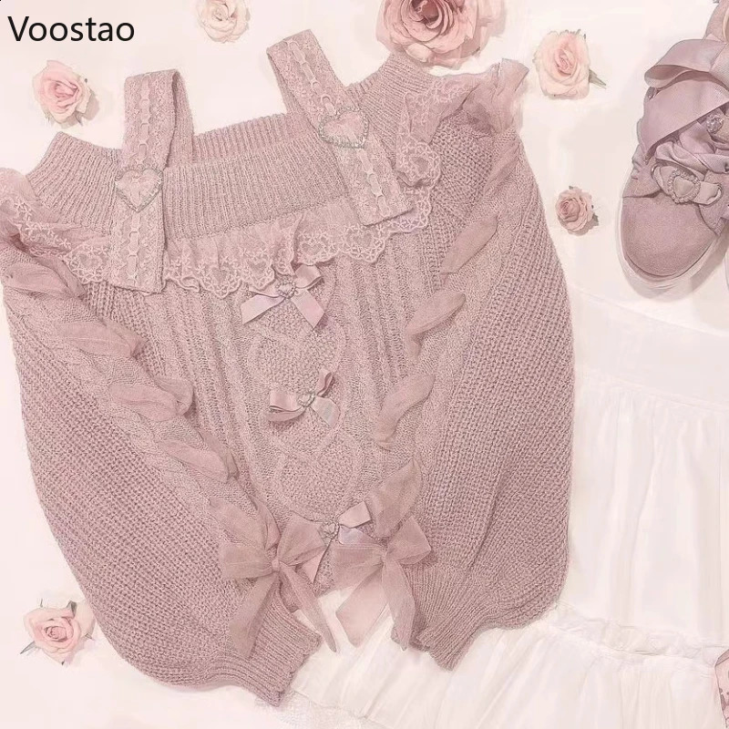 Japanese Cute Lolita Style Knitted Pullover Autumn Women Sweet Hearts Buckle Off Shoulder Lace Bow Sweater Girls Vintage Tops 240819