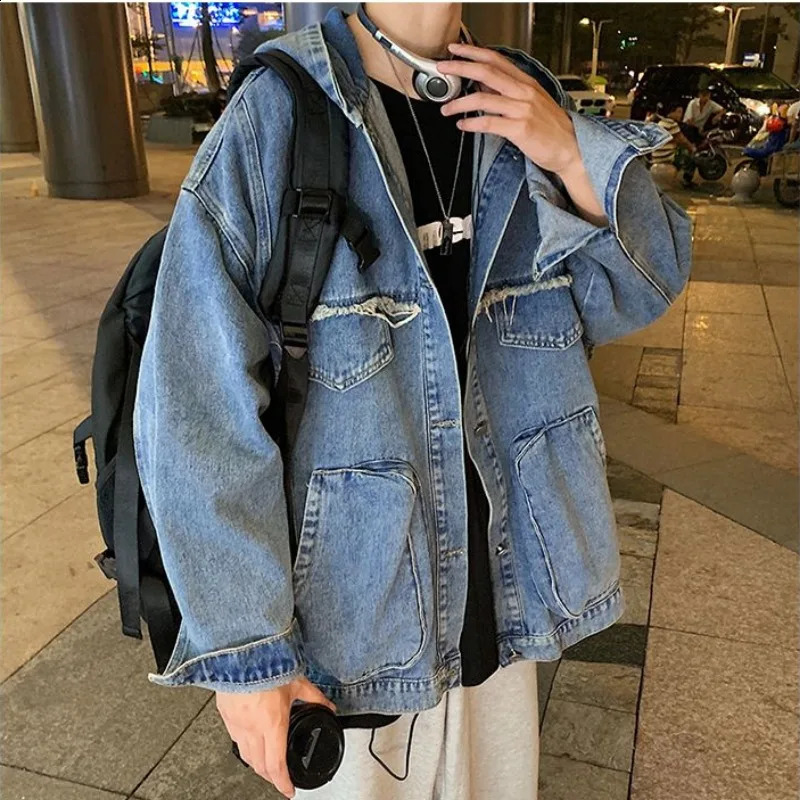 High Street Hooded Denim Jacket mens casual long sleeved jacket Hong Kong style short selling 240809