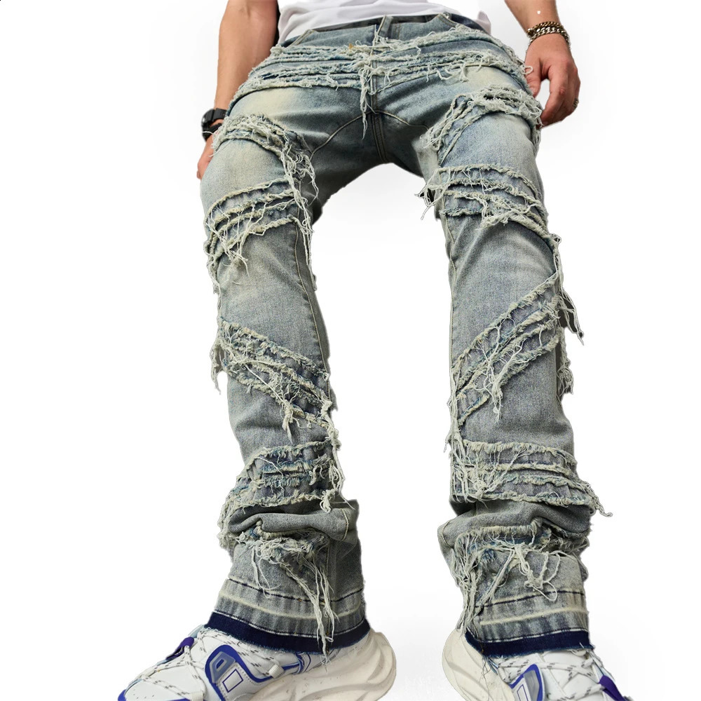 Vintage Street Men Stacked Spliced Straight Biker Jeans Pants Good Quality Male Slim Casual Denim Trousers 240819
