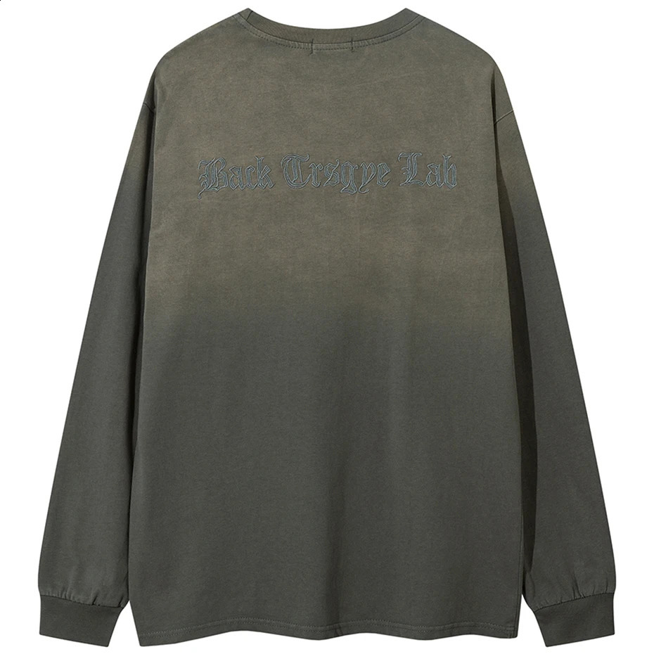 Streetwear Hip Hop Long Sleeve T-shirt Letter Embroidery Loose Black Tee Tops Men Washed Vintage Harajuku Oversized T Shirt Y2K 240820