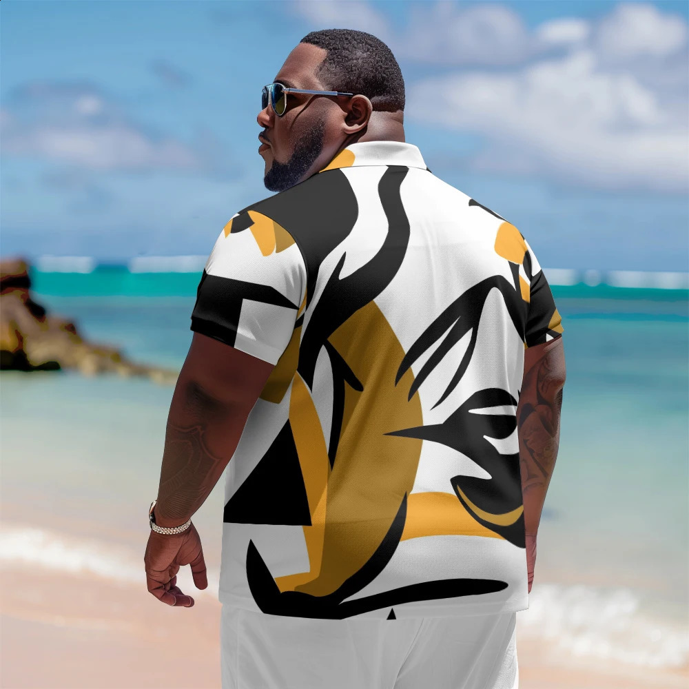 1 mens plus size polo shirt with summer yellow black mixed print casual lapel button suitable for shopping and golf 240820