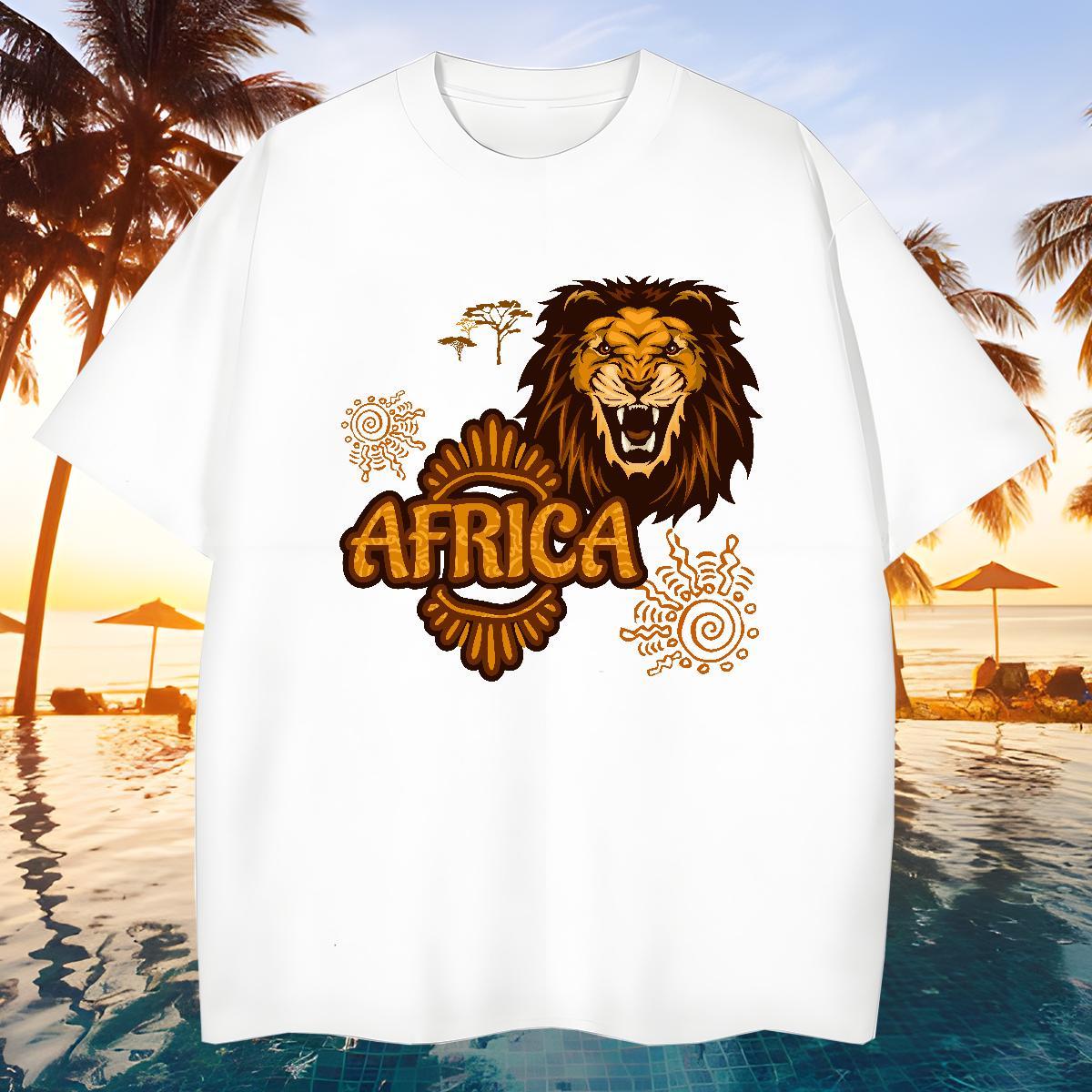 Loose Fit T-Shirts Africa lion Crew Neck Breathable High Street Hip Hop Graphic 100% Cotton 230g Men Clothes T-Shirt Customized Tee Shirt