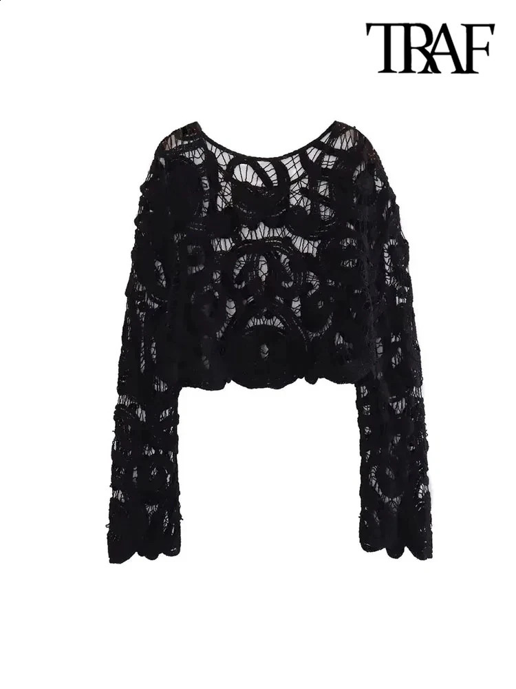 TRAF womens fashionable cut semi wool crochet knitted sweater sexy Oneck long sleeved floral top 240819