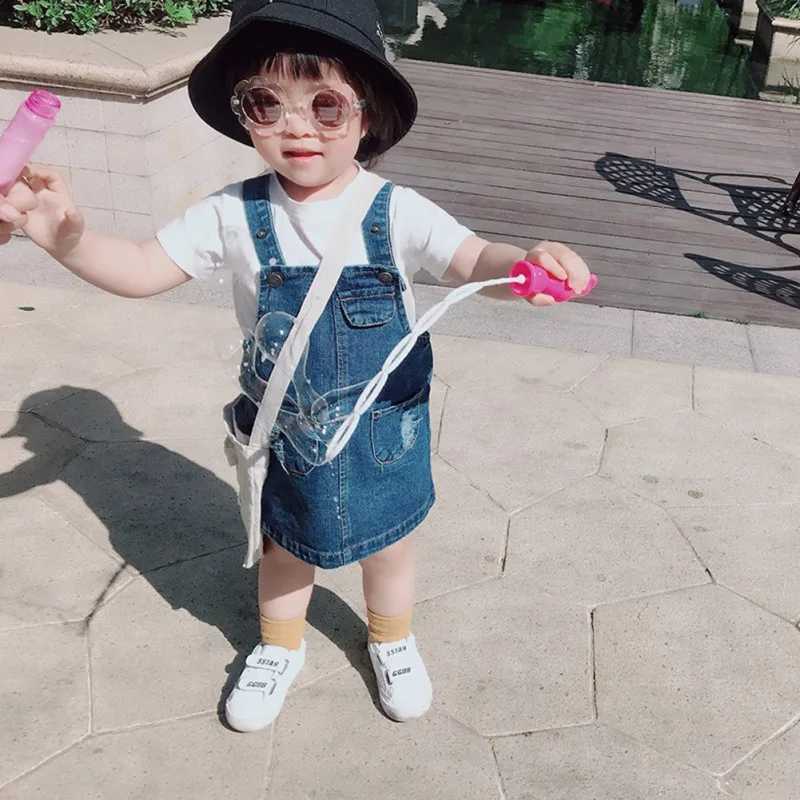 Girls fashionable straight denim dress with pockets summer baby and childrens jumpsuit for girls W240806