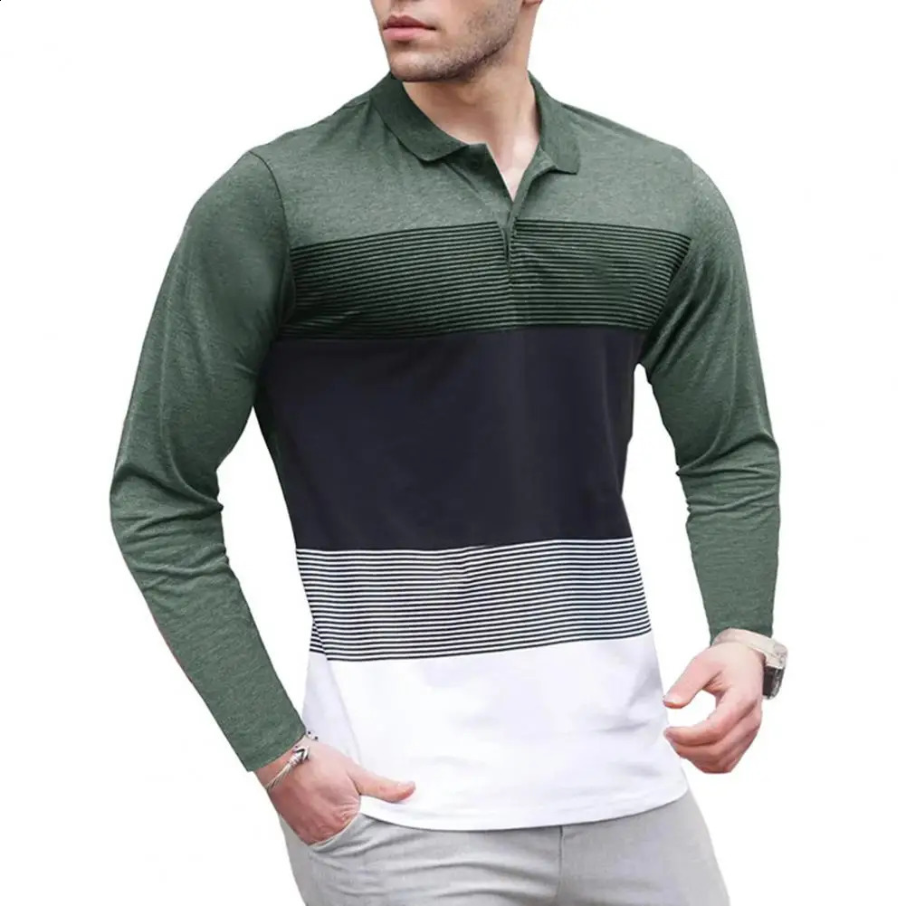 Men Top Mens Striped Print Pullover Shirt for Fitness Business Wear Long Sleeves Stretchy Fabric Mid Length Turn-down Collar 240820