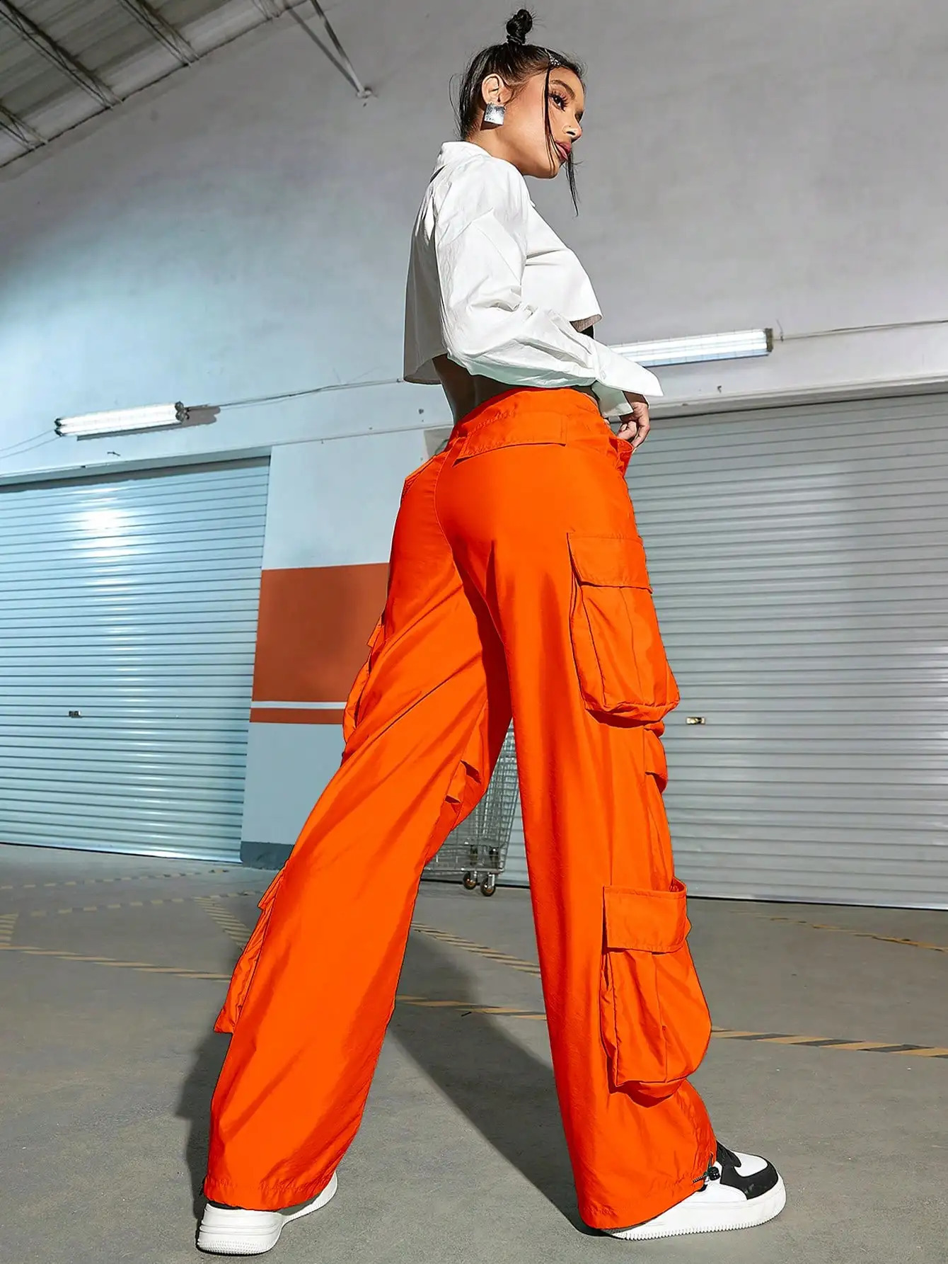Elastic waistband tie pocket loose wide leg work pants 240819