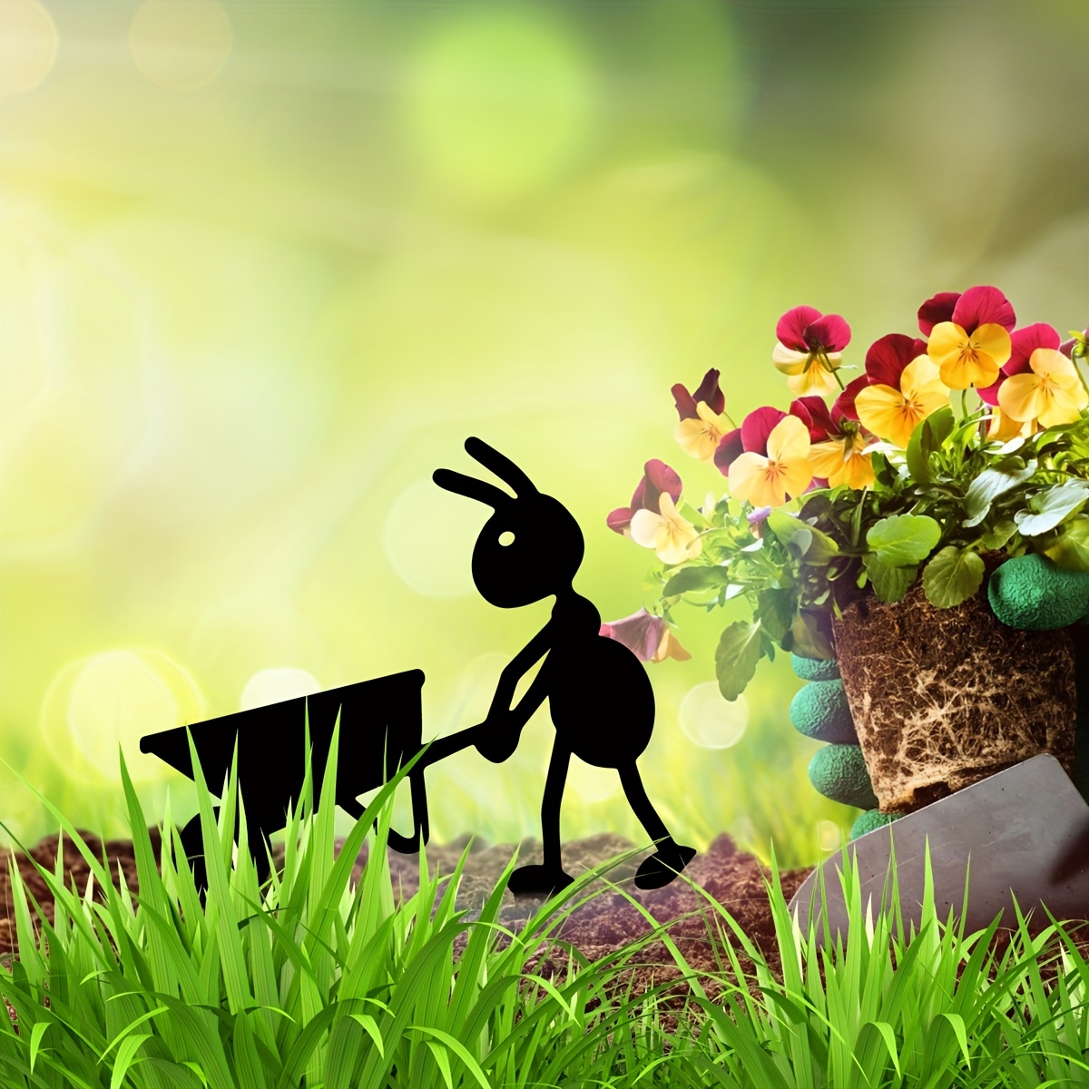 Garden decoration interesting work farm ants garden stake decoration with fork and wheelbarrow, black metal 2 pieces ants