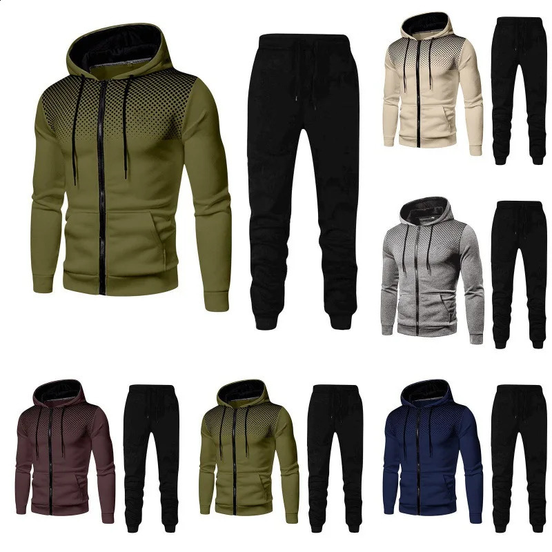 mens hoodie and pants set outdoor sports and fitness set autumn and winter polka dot zippered cardigan mens set 240819