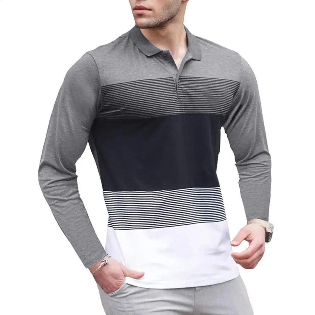 Men Top Mens Striped Print Pullover Shirt for Fitness Business Wear Long Sleeves Stretchy Fabric Mid Length Turn-down Collar 240820