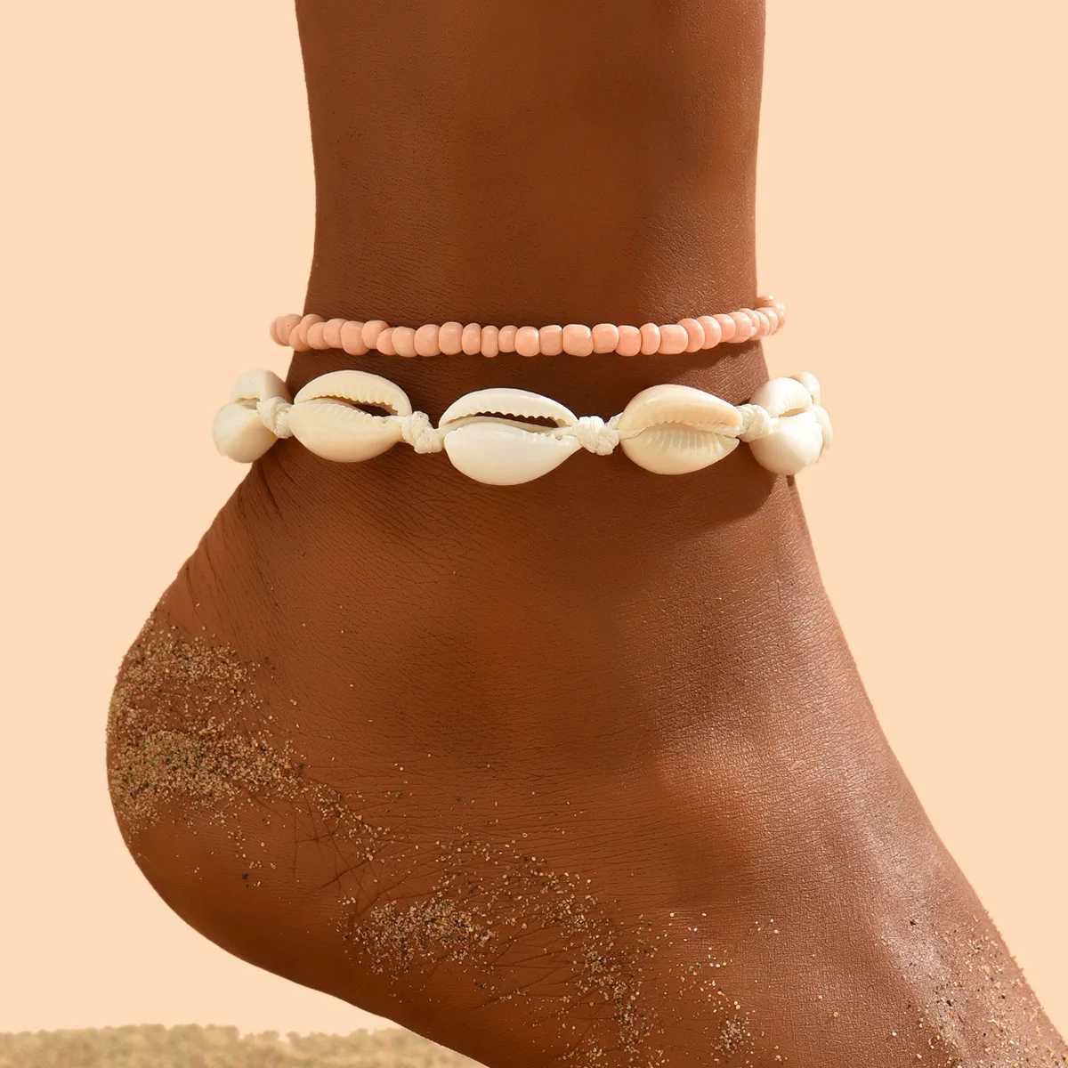 2 pieces/set of Bohemian natural shell bead necklaces suitable for womens beach barefoot jewelry fashionable handmade ankle chains shell ankle bracele