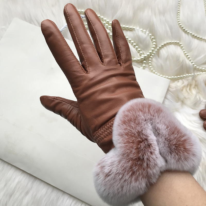 Autumn winter women's genuine leather gloves 100% real rex rabbit fur genuine sheepskin mittens black red blue pink