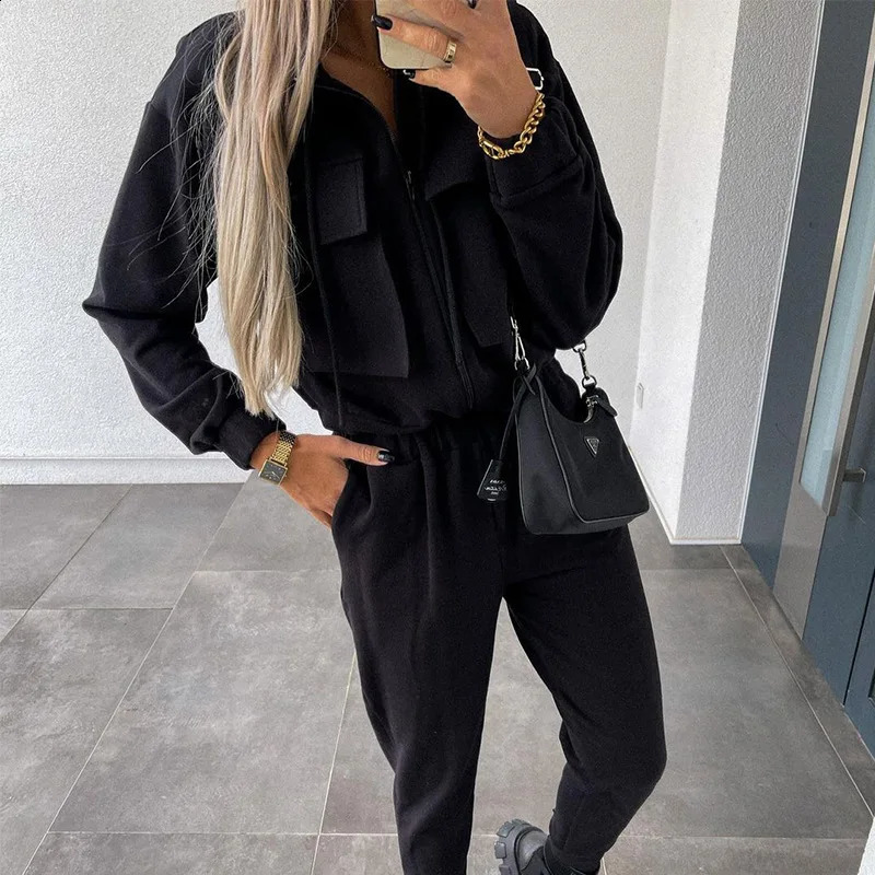 Women Tracksuit Turndown Collar Zipper Cardigan Solid Outerwear Pencil Pants Two Pieces Set Slim Fit Sports Casual Pockets 2024 240819
