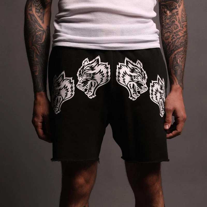 Summer new cotton casual mens five quarter pants printed Wolf head mens shorts outdoor fitness exercise pantsXJ240817