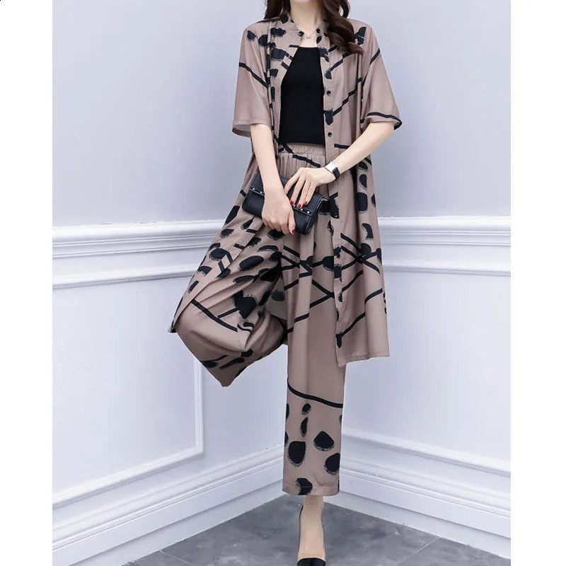 Vintage Fashion Female Single-breasted Cardigan Top Half Sleeve Printed Two Piece Set Casual Wide Leg Pants Sets Womens Clothing 240819
