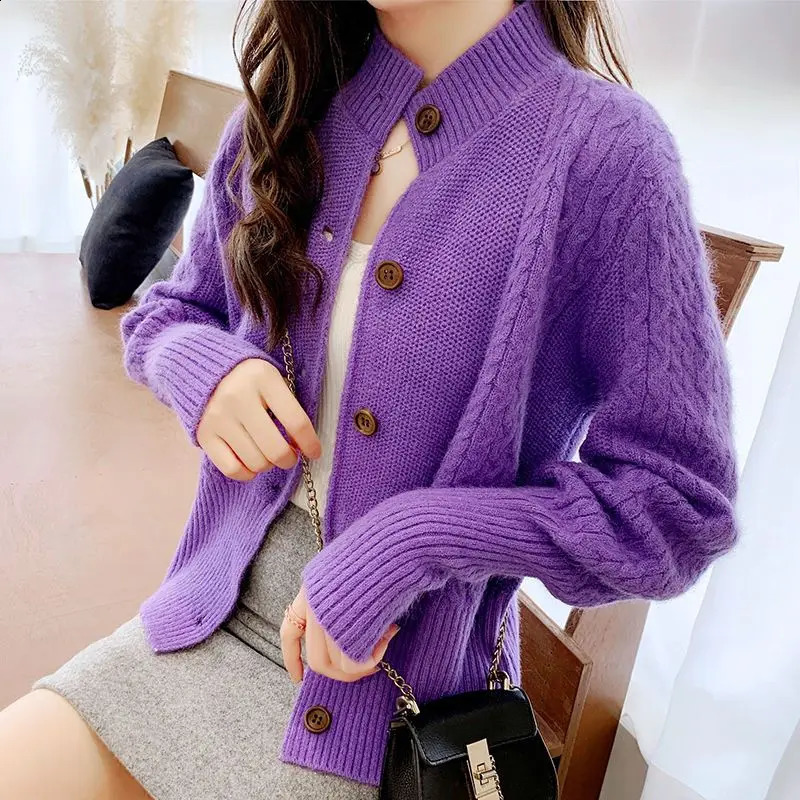 Autumn and Winter Womens Open breasted Solid Long sleeved Threaded Button Knitted Ultra thin Fashion Stand up Collar Sweater Jacket 240819