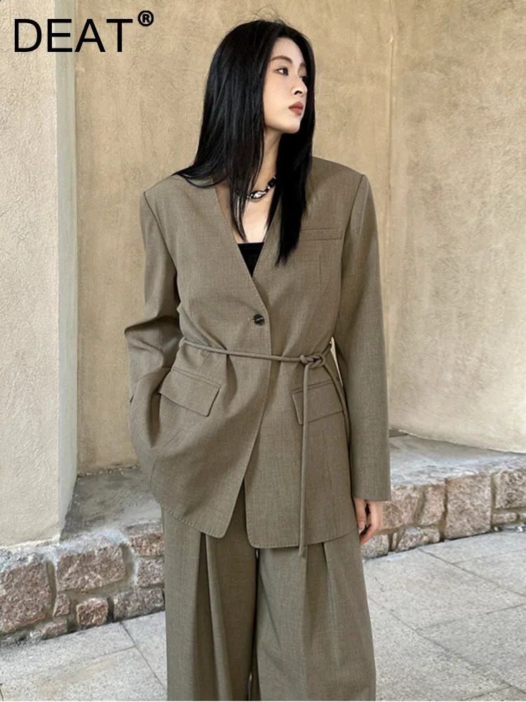DEAT Fashion Womens Vneck Loose Single Button Lace Waist Long Sleeve Simple Back Sewing Set Jacket Spring Style 7AB507H 240819