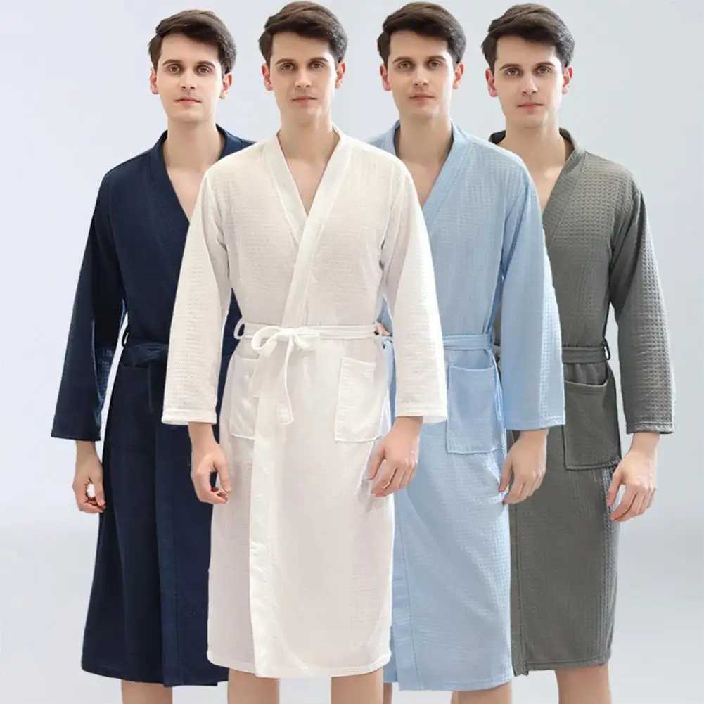 Mens bathroom waffle long solid color thin soft pajamas loose cardigan wool sweater mens autumn pajamasW240719