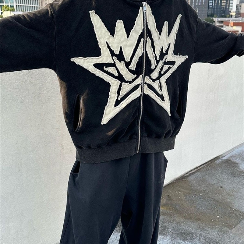 BIG PROMOTION Y2K European and American AutumnWinter Mens Gothic Street Hoodie Embroidered Star Zipper Hooded Casual Sweater 240819