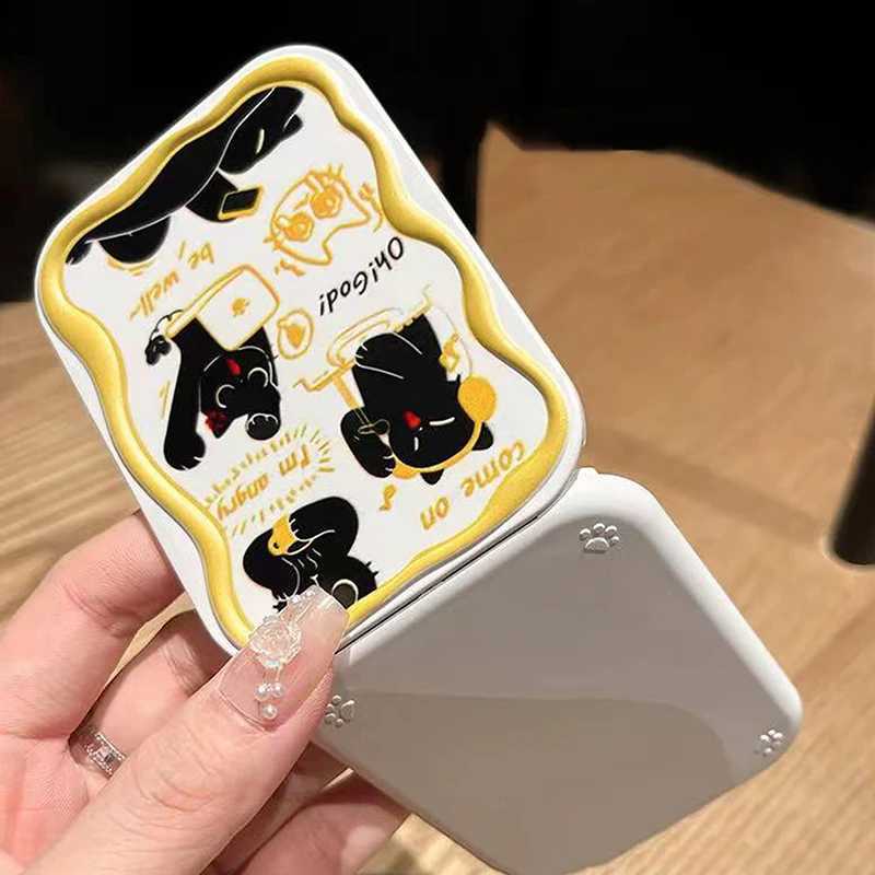 Cartoon Black Cat Pattern Flip-Top Folding Makeup Mirror Portable Pocket Mirror Rectangle Cosmetic Mirror With Comb For Women Y240819