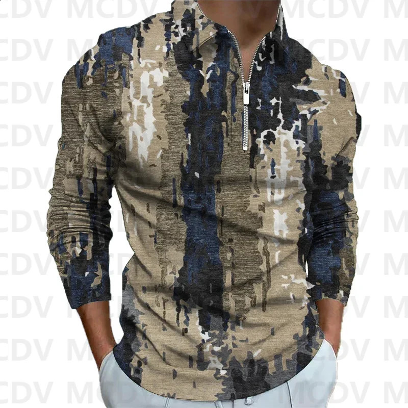 Mens Long Sleeve Zipper Polo Shirt Retro Pattern 3D Printed Polo Long Sleeve T Shirt Autumn Casual Tops 240820