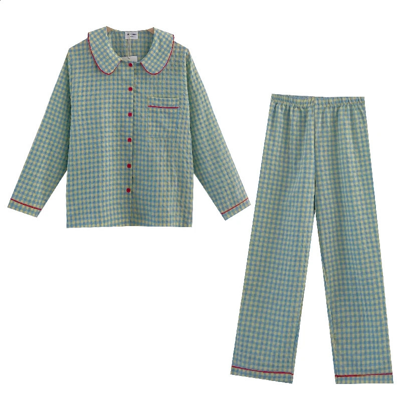 Womens sleepwear autumn spring long sleeved soft set grid cartoon womens family cardigan 240819