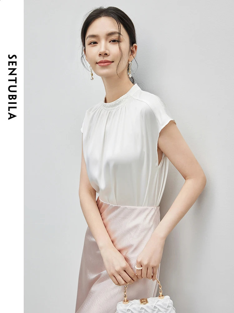 SENTUBILA Elegant Stand up Chiffon Shirt and Summer Loose Simple Short Sleeve Top Womens Zipper 142V53541 240814