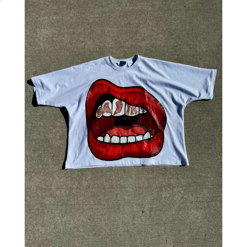 2024 American summer style shortsleeved personalized printed skull round neck Tshirt oversized street wear retro loose top 240819