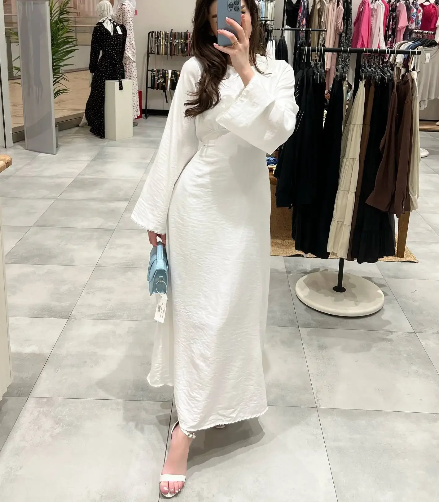 Autumn Elegant Solid Lace Up Dress Muslim Women Fashion Solid Round Neck Flared Sleeves High Waist A-line Dress Women 240819