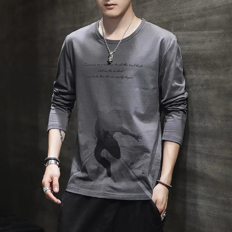 Spring Autumn Fashion Pure Cotton Round Neck Long Sleeve T-Shirts Mens Clothing Printing Letter Pullovers Korean All-match Tops 240820