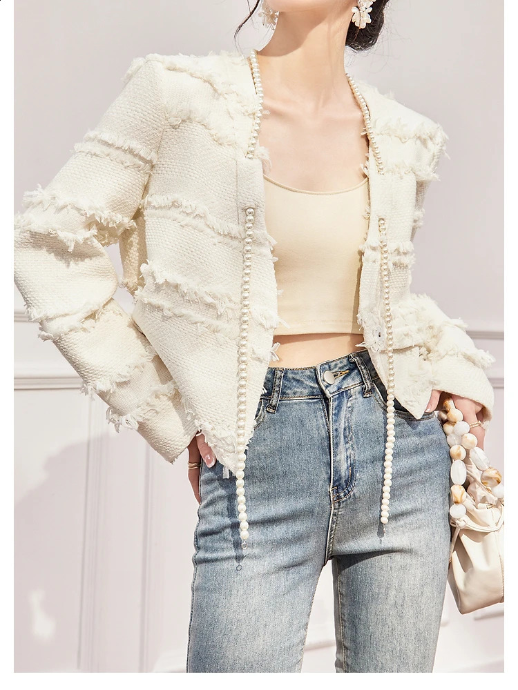 y beaded long sleeve short coat wool tweed fashion autumn winter single button jacket small perfume women 240819