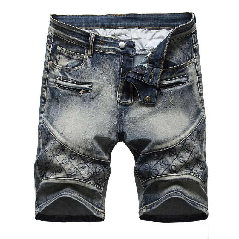 Multi pocket zipper retro mens jeans summer denim shorts stretch straight casual gray blue 240819