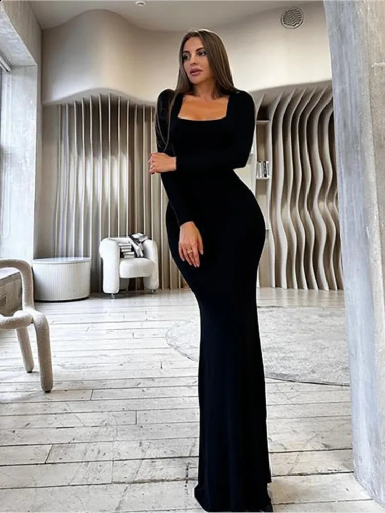 Sexy Bodycon Party Solid Color Long Dress For Women Long Sleeve Bandage Slim Dresses Autumn Fashion Vestidos Black Robe 240819