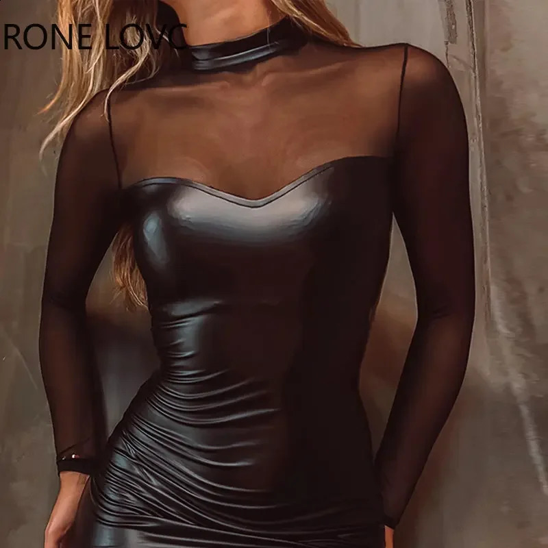 Women Solid PU Leather Mesh Patchwork Long Sleeves Half High Collar Bodycon Dress Mini Black Dresses 240819