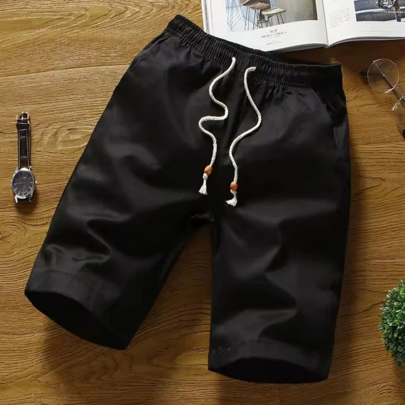 Summer pure cotton mens casual solid color shorts straight tube loose breathable elastic waist with bead tie rope 240819