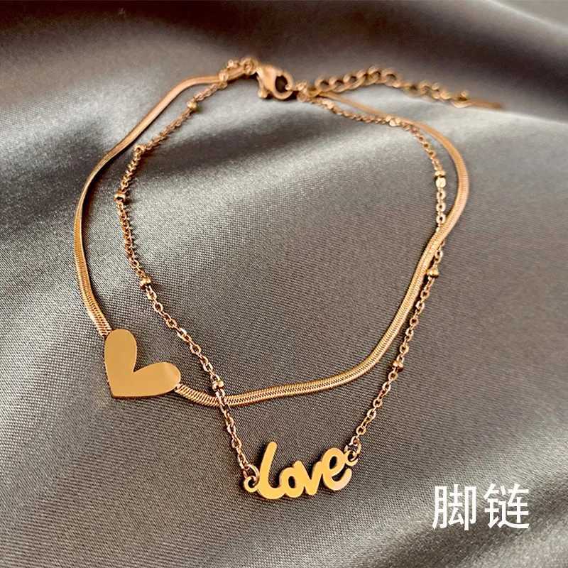Luxury brand jewelry double-layer heart-shaped letter anklet snake chain womens gold stainless steel womens jewelry does not fade W240815