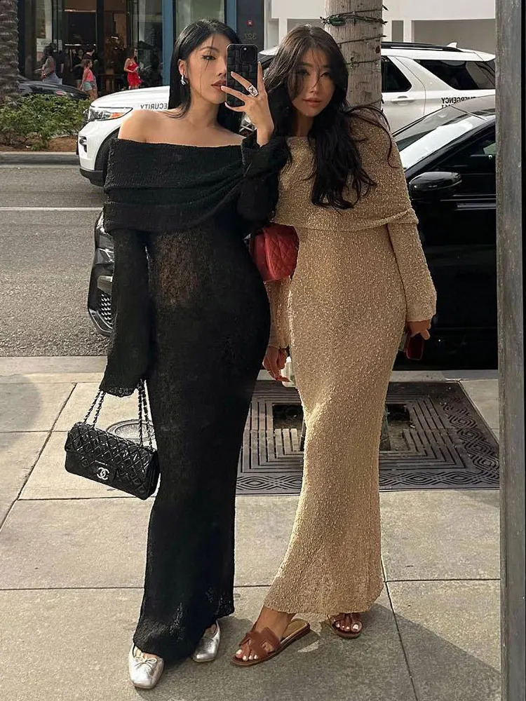GACVGA Summer Knit Hollow Out Off-Shoulder Maxi Dress Women Cover Up Knitwear Long Sleeve Holiday Sexy Beach Party Dress 240819