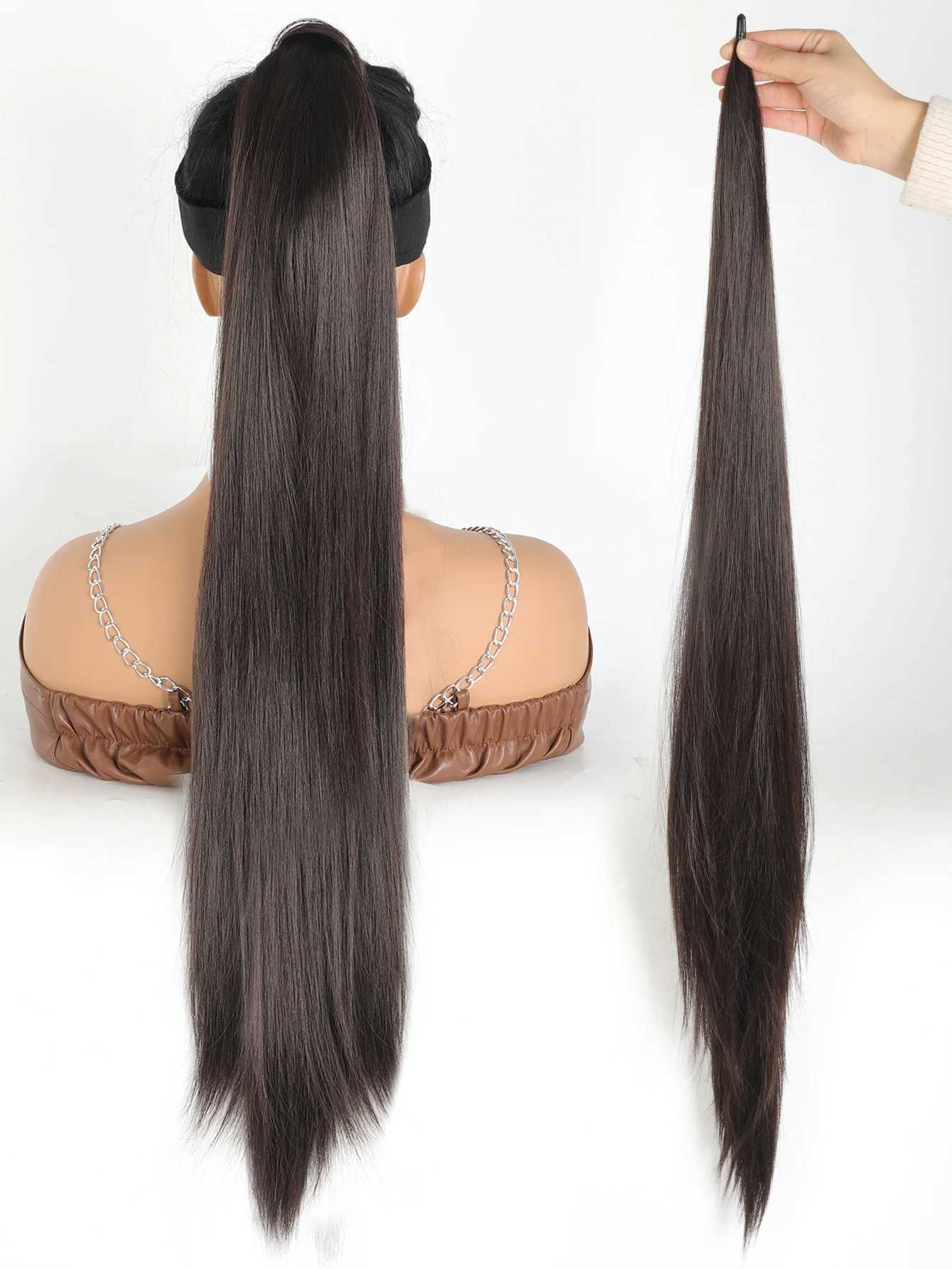 Synthetic 32 inch flexible wrapped ponytail extended long straight ponytail beautiful ponytail womens wig W240817
