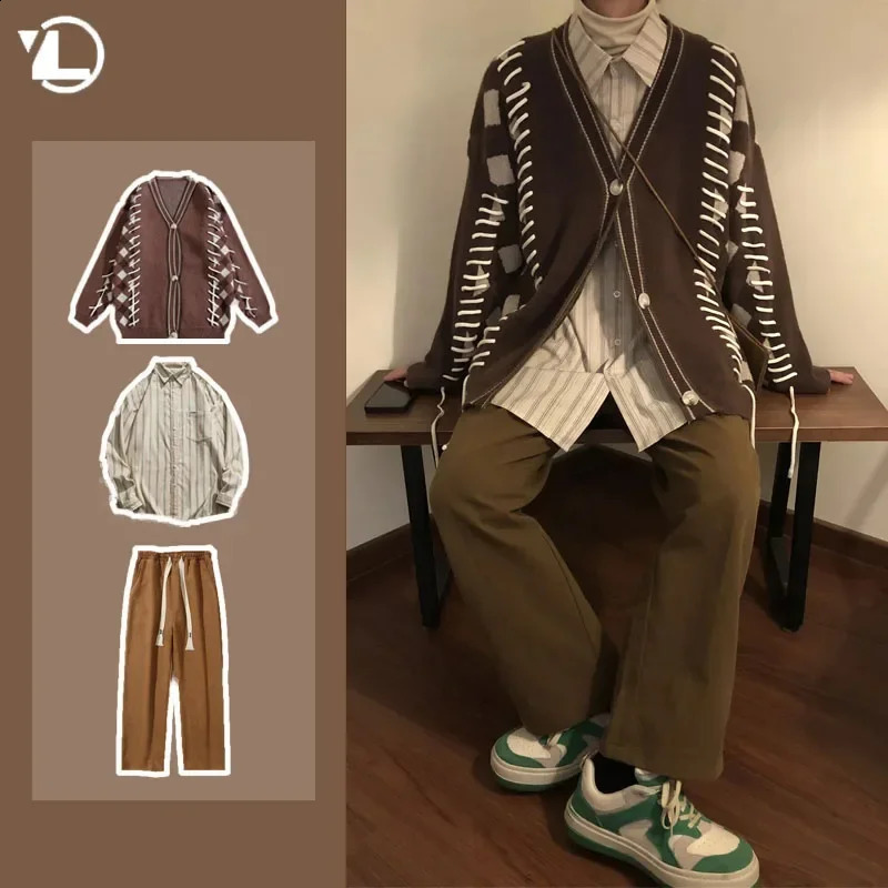 Men Casual Sweater Set Vintage Checkerboard CardiganStriped Long Sleeved ShirtTrendy Wide Leg Pants 3-piece Street Couple Suit 240819