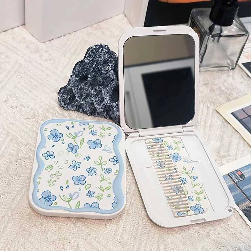 Cartoon Blue Flowers Pattern Flip-Top Folding Makeup Mirror Portable Pocket Mirror Rectangle Cosmetic Mirror With Comb For Women Y240819