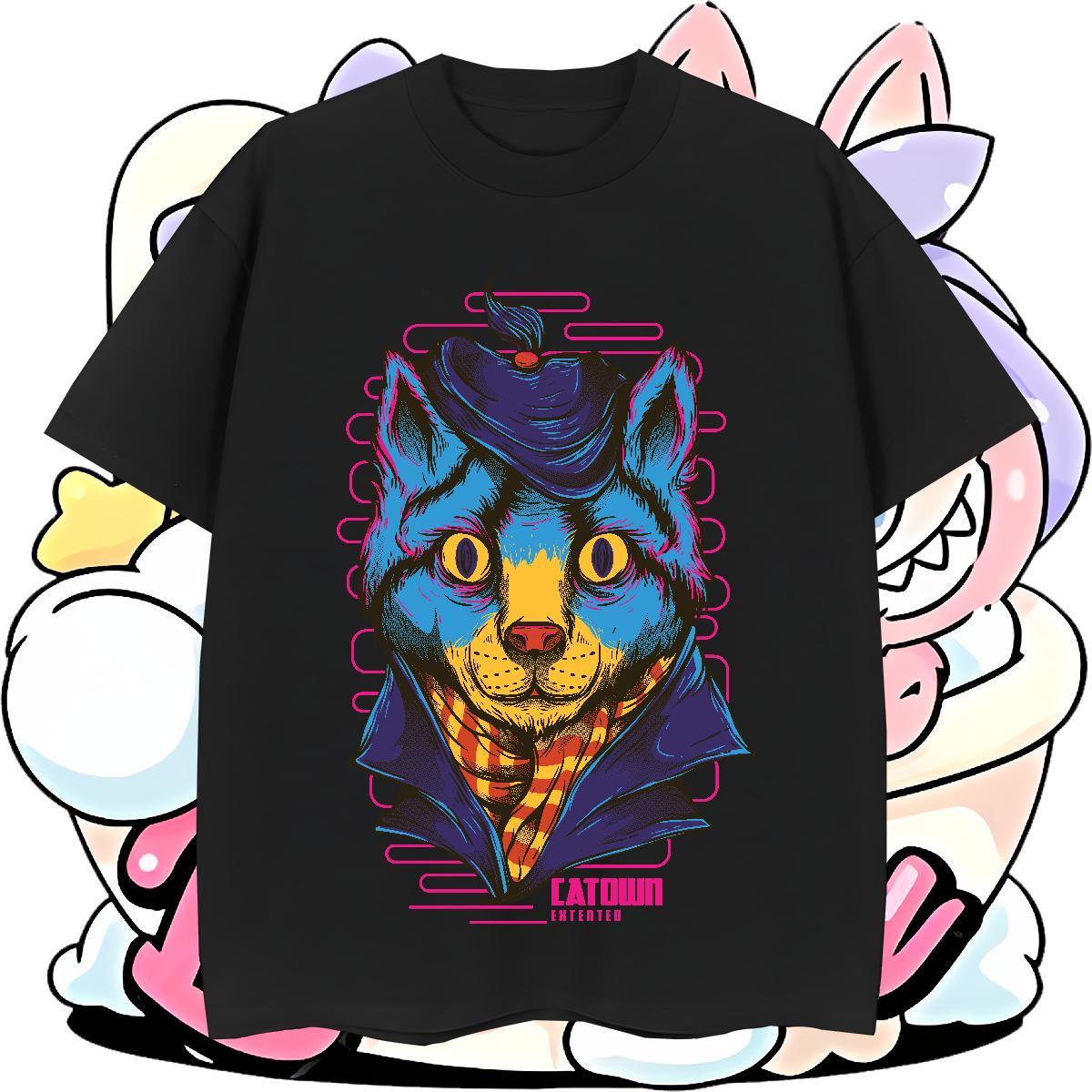 Loose Men Tees Casual Daily Wear 230g Cotton Skull Round Neck Short Sleeve Blue cat T shirt Designer Fashion Tops Shirt