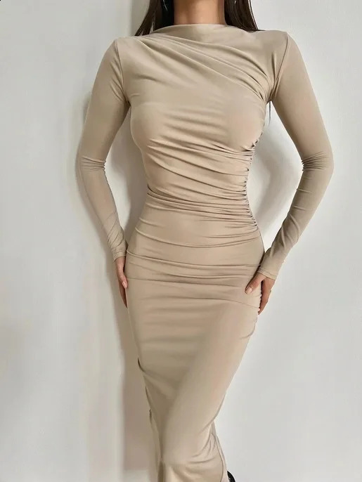 Dress Women Slash Neck Slim Fit Sheath Sexy Long Dresses Full Sleeve Hip Wrap Splice Gown Vestidos Pleated High Waist 240819