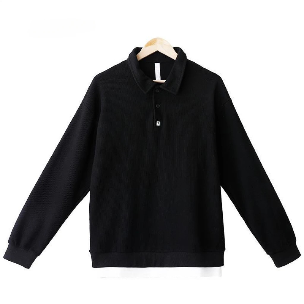 Mens Clothing Baggy Black Top Polo T Shirt for Man Unicolor Sweatshirts Plain 90s Vintage Harajuku Fashion Long Sleeve Full It 240819